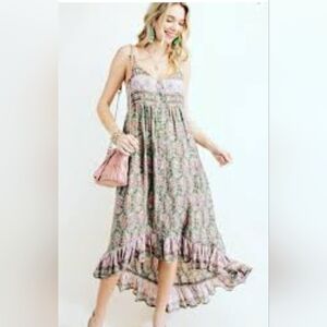 Kori Green Floral Sleeveless Ruffled HiLow Boho Cottagecore Dress Size Large